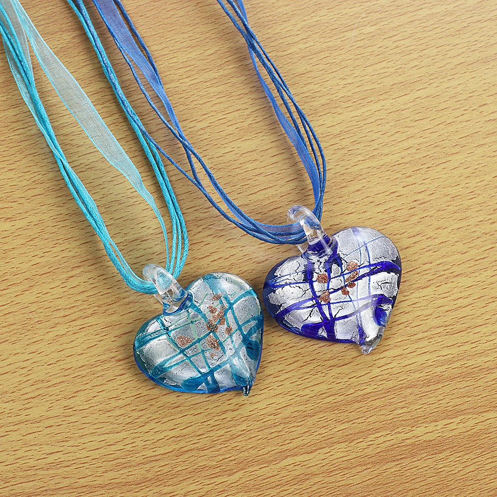 الجملة 6 قطع Gandmade مورانو Lampwork الزجاج مختلط اللون شريط القلب قلادة الفضة P الساخن مجوهرات هدية Necl0114