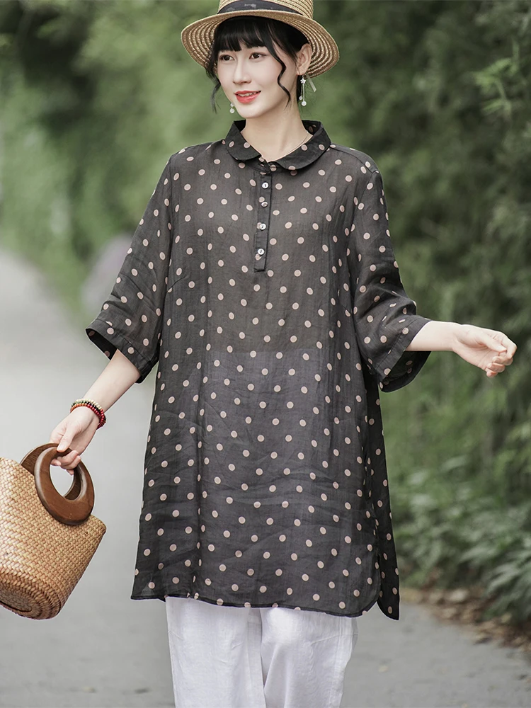 

Retro Doll Collar irt Dr Midi Length f Sve Women's Faion Summer New Sle Small Polka Dot Loose Fit Commute Sle