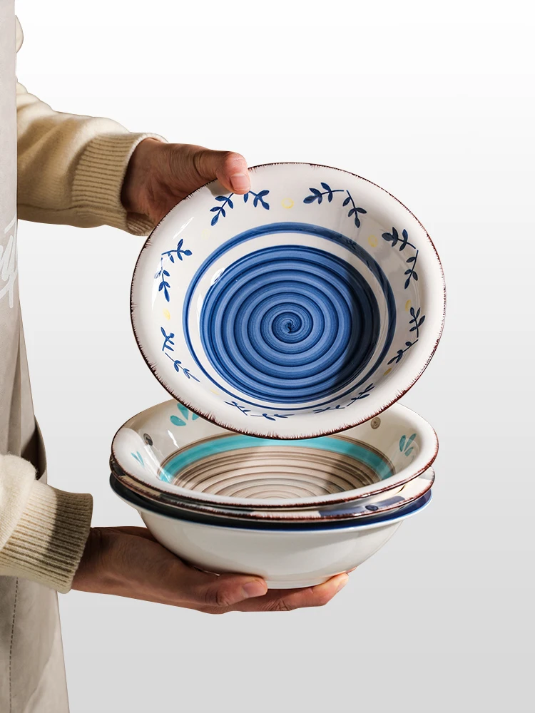

Handpainted Europe Style Ceramic Noodle Bowls Large Capacity Soup Food Container 8 Inch Flower Printed Under Glazed 4 Colors