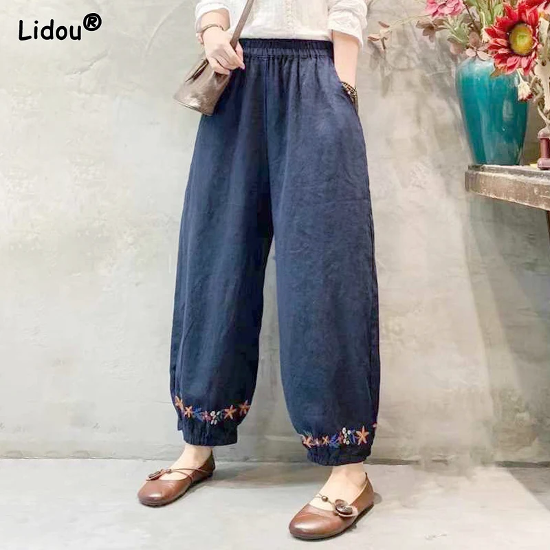 

2023 Summer Art Retro Fashion Simple Elastic Waist Pocket Strap Print Loose Relaxed Oversize Women's Cotton Hemp Harlan Pants