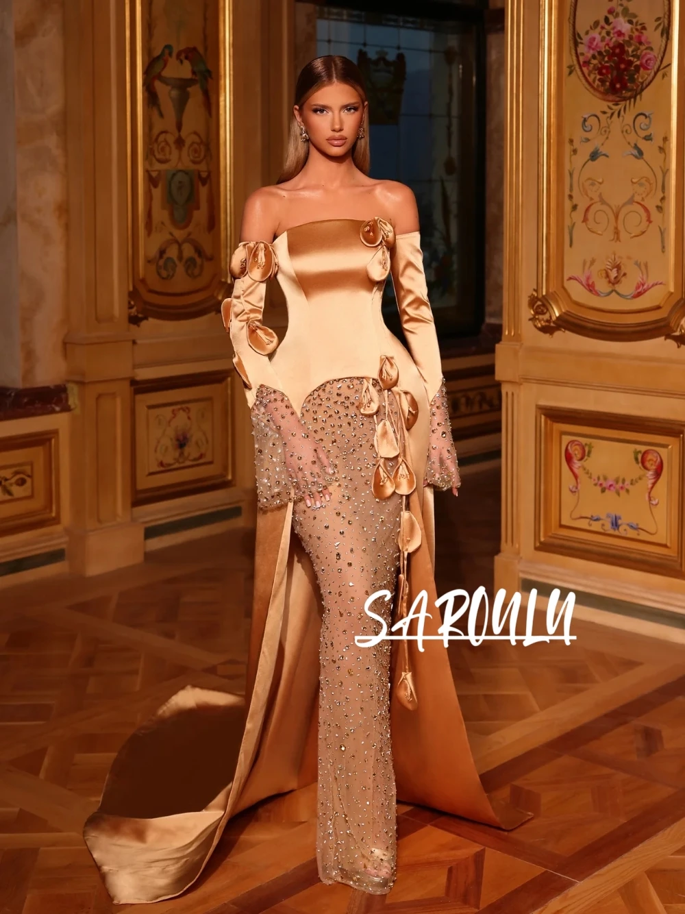 Delicate Satin Patchwork Evening Dress Romantic Floral Off Shoulder Banquet Prom Luxury Rhinestones Dazzling Customized Gown