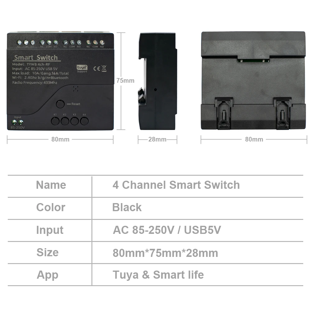 Релейный модуль 4CH Tuya для автоматизации умного дома, 85-250 В, 220 В, работает с приложением Tuya, Wi-Fi, голосовым управлением и функцией радиоуправления 433