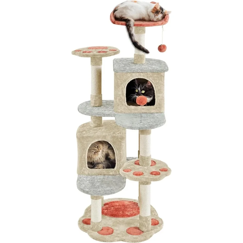 

Cute Cat Play Tower with Heart-Shaped Platform, Spring Ball & Hanging Ball, Double Condos, Cat Climbing Frame Bed Furniture