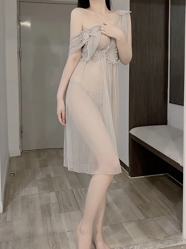 Sheer Cheongsam Mesh Lace Transparent Dress V Neck Lingerie Charming Robe Dress Elegant Fashion Sexy Korean Women Tops 061A