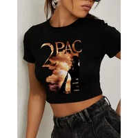 Women's 2Pac I Oppose World Pattern T-Shirt Silhouette Design Short Sleeve Crop Top Casual Four Seasons