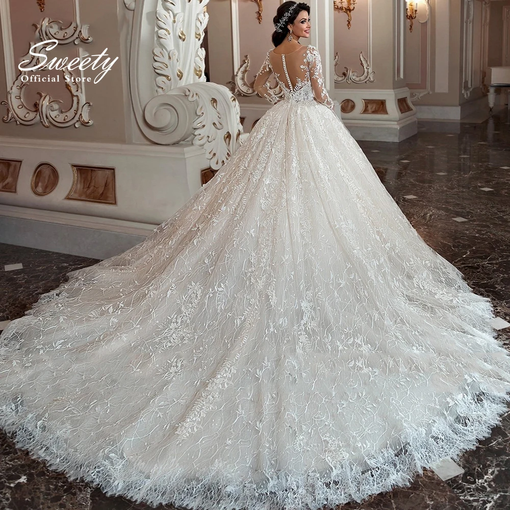 Luxury Wedding Dress Embroidered Lace On Net With Ball Gown O-neck Full Sleeve ​bridal Gowns Button Appliques Vestido De Novia