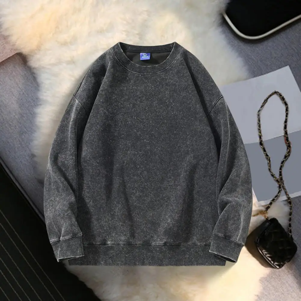 Ribbed Collar Long Sleeve Top Stylish Unisex Distressed Cotton Sweatshirt with Elastic Cuffs Hem for Spring Fall for Vacation