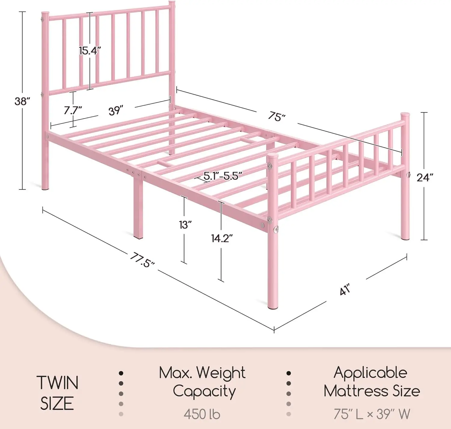 Double layered bed frame metal platform bed frame mattress, 14 inches/sturdy support and easy to set structure, pink