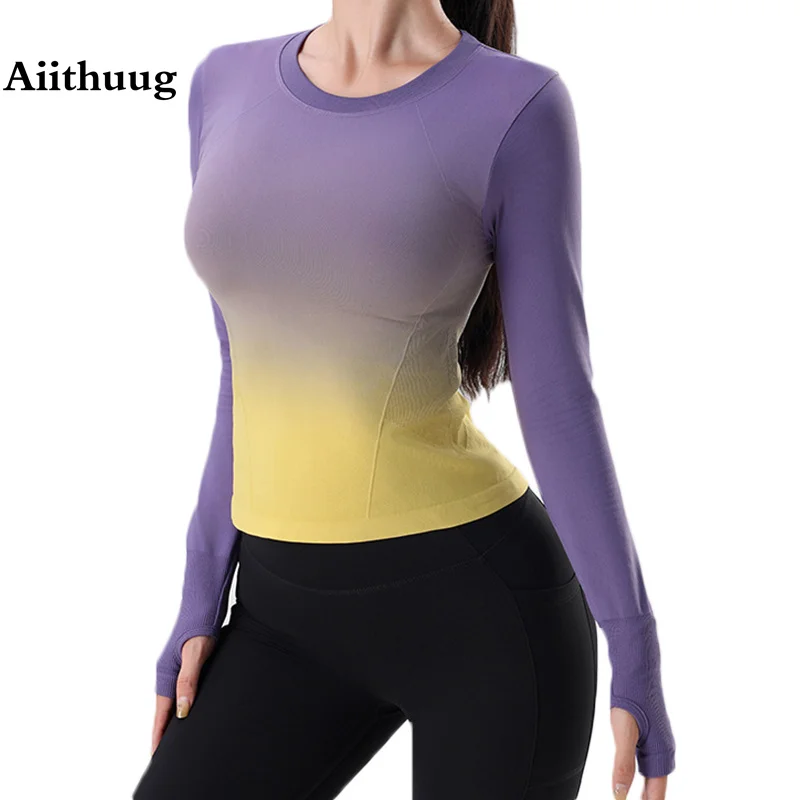 

Aiithuug Yoga Shirts Color Gradient Gym Tops Long Sleeve Workout Tops Sexy Fitness Clothes Tops with Tumb Hole Slim Waist Top