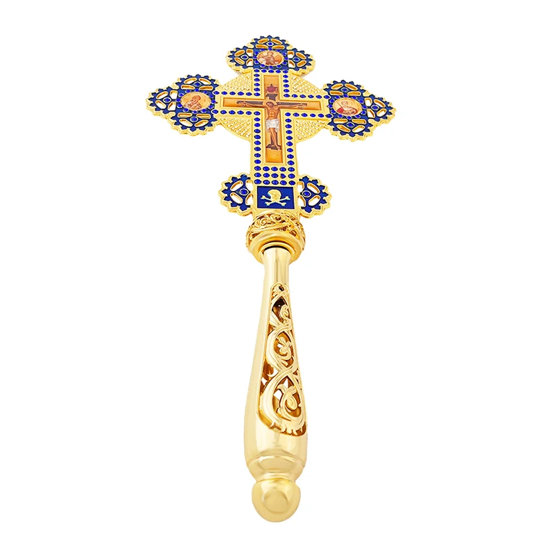 Neues Orthodoxes Segenskreuz aus Goldmetall mit Emaille und Strasssteinen, Ikonen-Kruzifix für Kirchen, religiöse Zeremonien, Altar-Gebetsdekoration, Geschenk – Detail 3