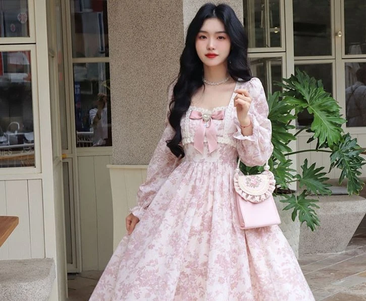 Abito francese primavera autunno 2023 da donna manica lunga floreale rosa vestibilità slim elegante dolce principessa stile fata abito di fascia alta