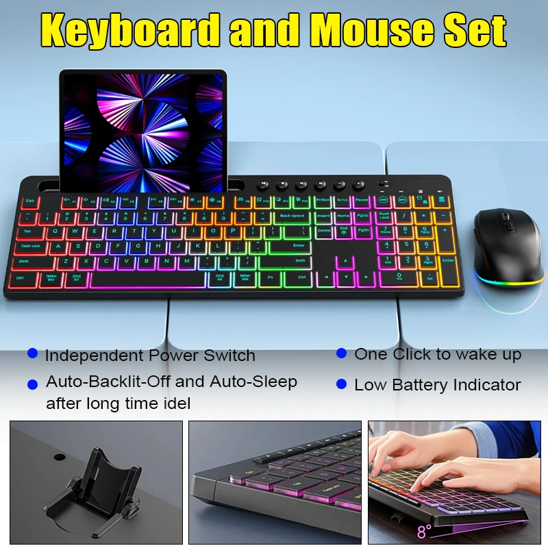 

2.4G Wireless Keyboard Mouse Set RGB Backlit Rechargeable Full-Size Rechargeable Ergonomic Business Office Keyboard & Mouse Set