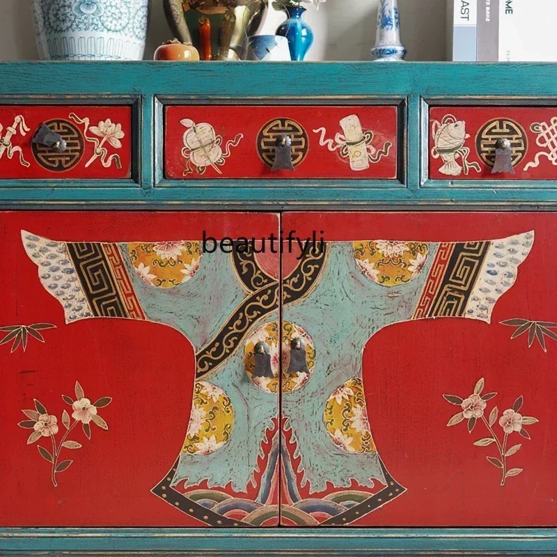 D2520 Novo armário lateral de jantar pintado à mão de madeira maciça estilo chinês, armário de armazenamento, armário de chá de entrada retrô e antigo
