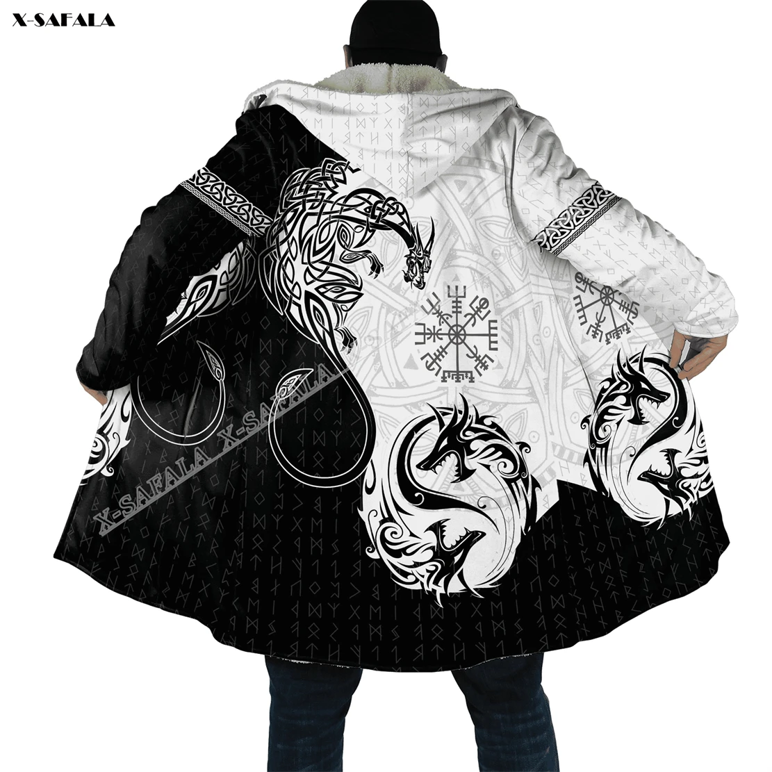 

Viking Tattoo Dragon 3D Printed Overcoat Hooded Blanket Coat Cape Robe Fleece Loose Men Female Cloak Windproof