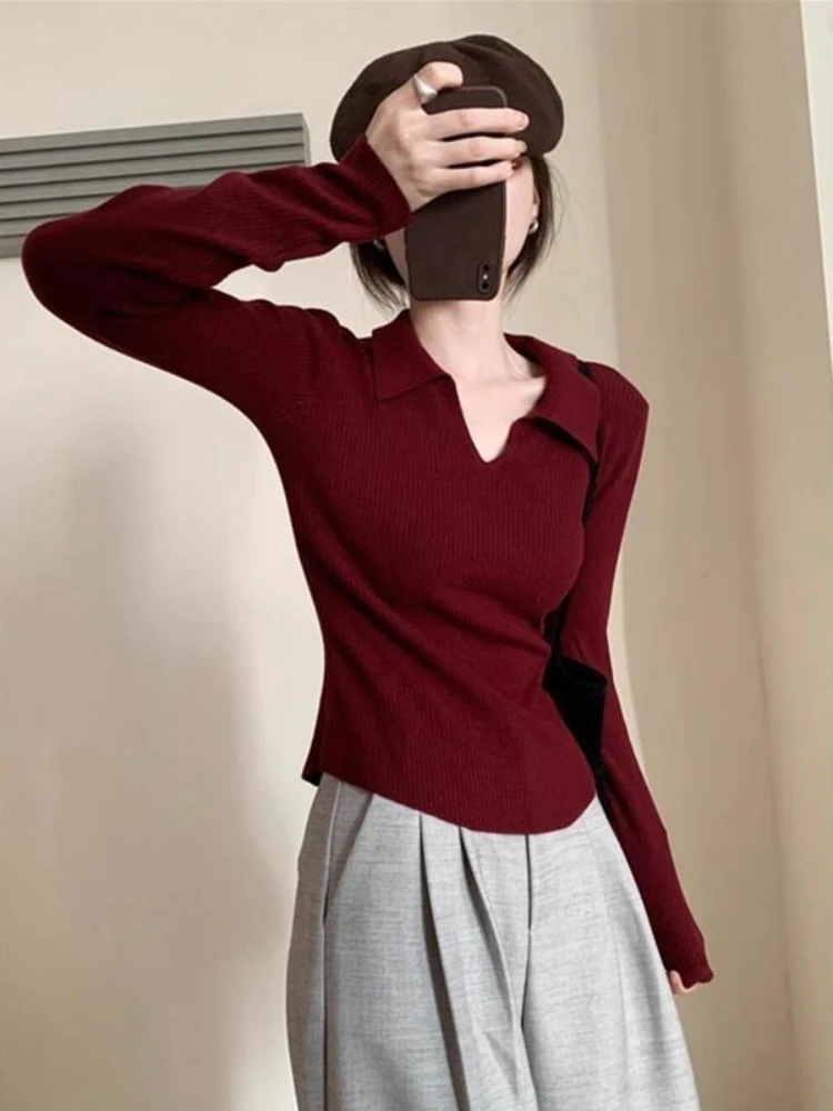 Women Dark Gray Polo Collar Knit Top V Neck Slim Fit Fall Layering Basic Sweater 2026 Chic