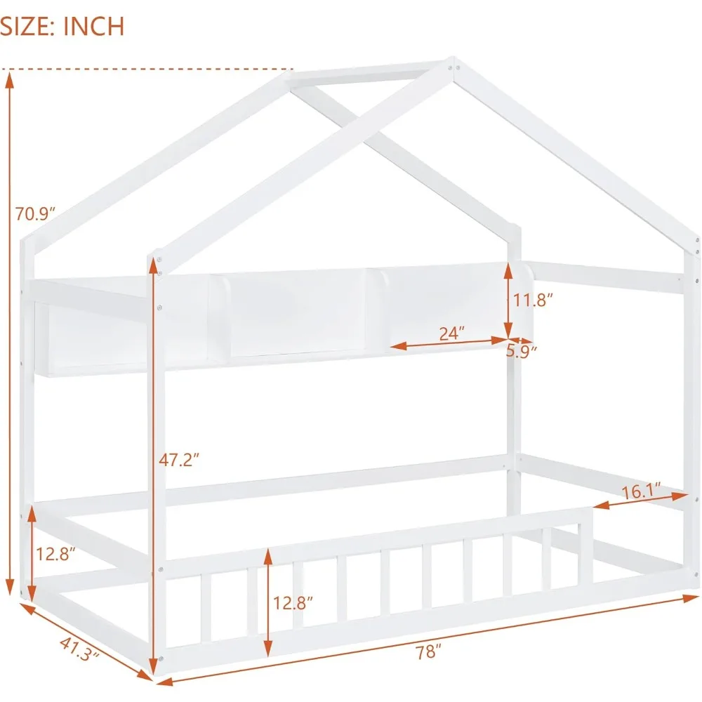 Twin Size Floor Bed with Fence Railings, Montessori Bed Frame with Storage Shelves, Wood Playhouse Beds for Kids Girls Boys