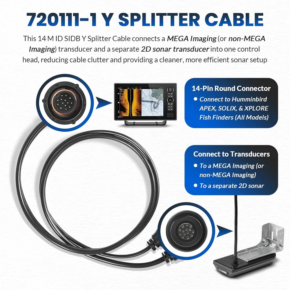 

Кабель-разветвитель 14M ID SIDB Y-типа 720111-1 для эхолотов Humminbird SOLIX/APEX/XPLORE, подключает боковые и 2D датчики