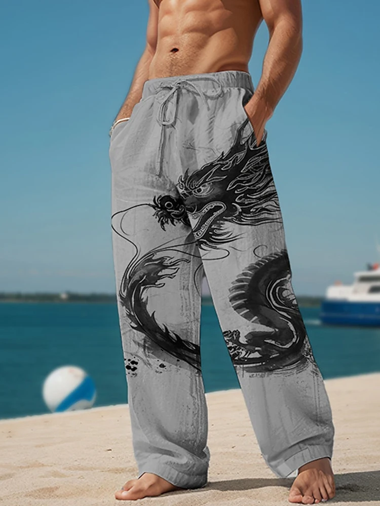 2025 Autumn Fashion Casual Men's Ink-wash Dragon Pattern 3D Printed Casual Pants, Harajuku Street Fashion Trendy Men's Long Pant