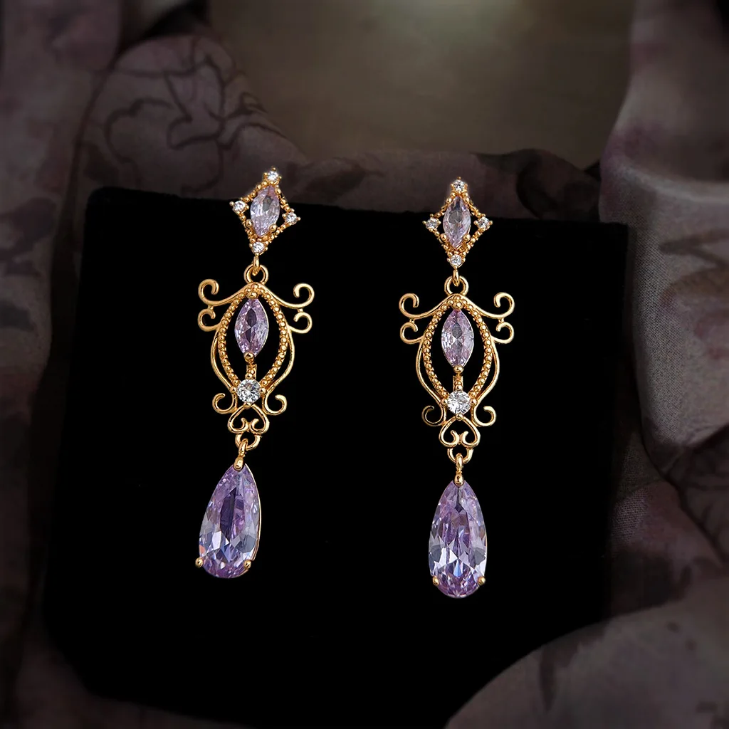 

Purple Crystal Water Drop Earrings for Women Trendy Long Skeleton Rhinestone Wedding Jewelry Girl Brincos