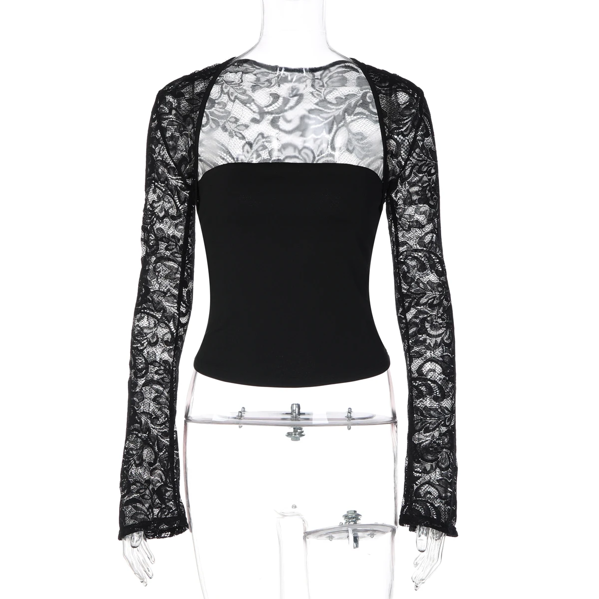 Hugcitar Modisches Quadratischer Kragen Langarm Patchwork-Spitzen-Print Sexy Crop-T-Shirt Transparente Herbst-Damenkleidung Streetwear Nachtclub – Detail 2