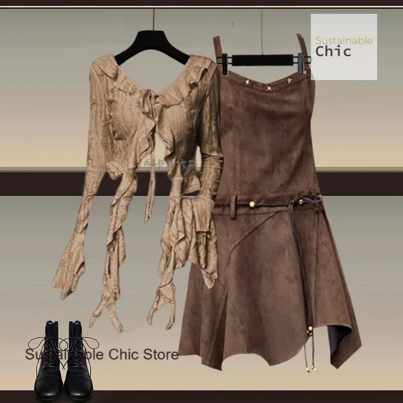 

Maillard wears a whole set of new retro long-sleeved tops in spring and autumn with a two-piece suit of waste soil wind dress.