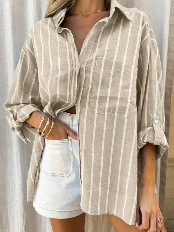 

Ele Women's Striped Long Sve irt Loose Casual Sle Cotton round Ne Regular Length Faionable Autumn Wear