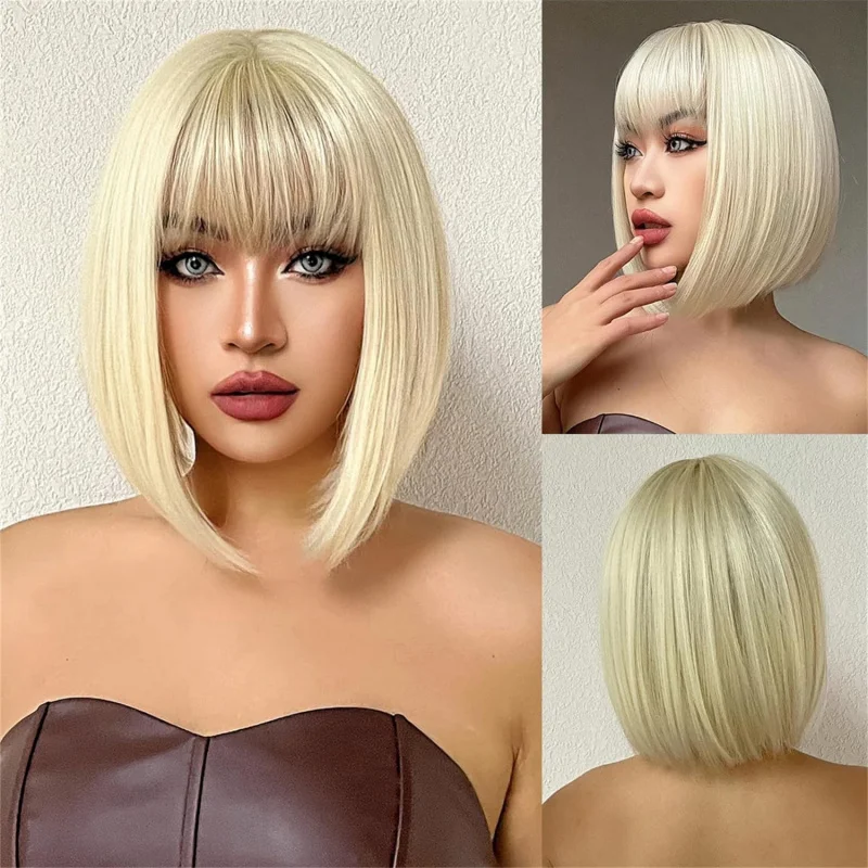 

Synthetic Hair Heat Resistant Blonde Short Straight Cosplay Wigs With Bangs
