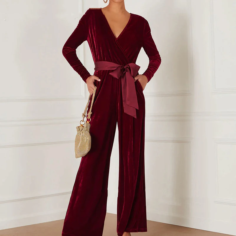 

Fall Winter New Tie Up Long Sleeve Playsuits Overalls Lady Solid Color Commute Romper Fashion High Waist V-neck Velvet Jumpsuits