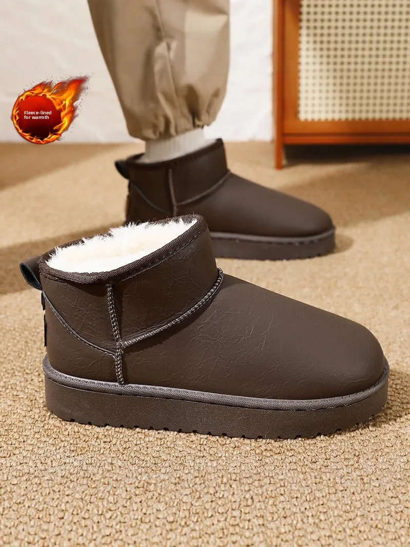 Men's Winter Snow Boots Fleece Lined Bread Style Outdoor Waterproof Anti-slip Thick Bottom Leather Boots Warm Fur Integrated