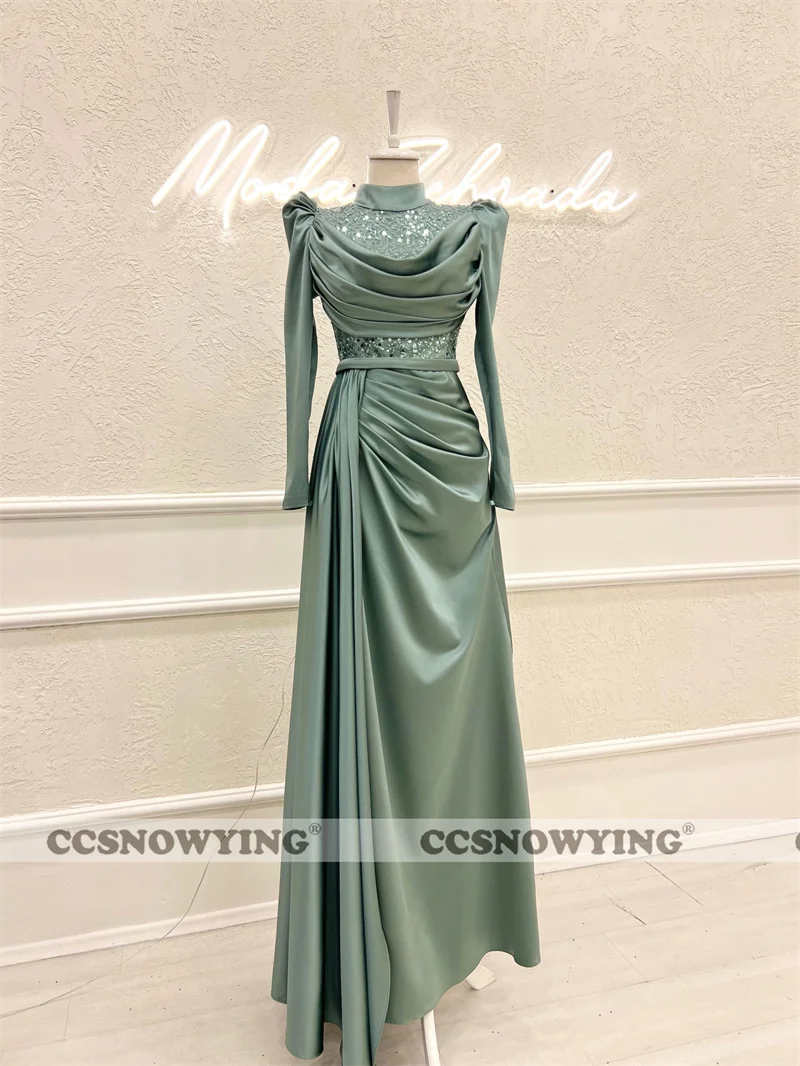 Satin Sequin Long Sleeve Muslim Evening Dresses High Neck Arabic Islamic Formal Party Gown Hijab Women A Line Robe De Soiree