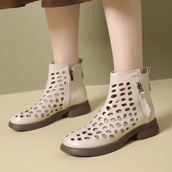 GKTINOO 2025 Summer Ankle Boots Genuine Leather Shoes Women Mid Heels Sandals Side Zip Boots Cutout Breathable Mujer Zapatos