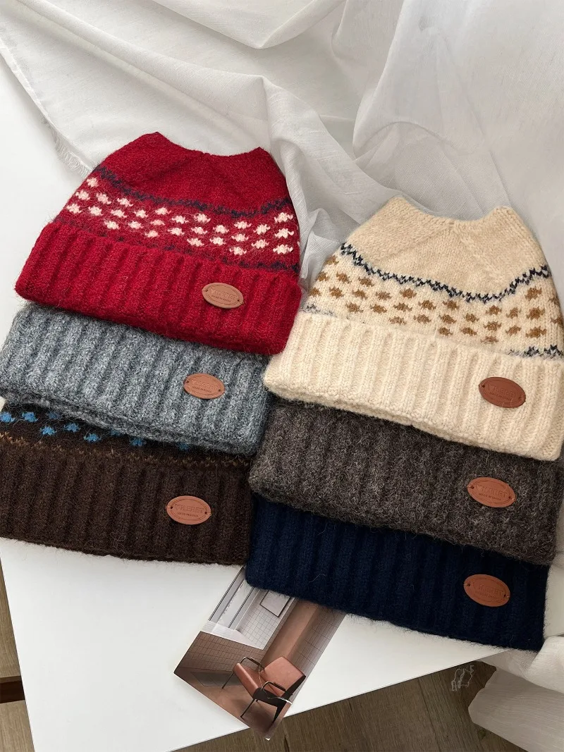 Japanische Retro-Fair-Isle-Jacquard-Mütze mit Katzenohren, gestrickt, für Herbst und Winter, warm, verdickt, mit Ohrenschutz, Skull-Beanie-Mützen für Damen – Detail 8