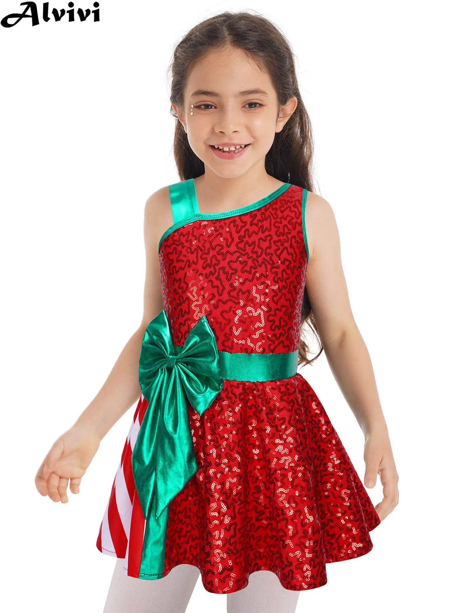 Kids Girls Christmas Dance Dress Sleeveless Shiny Sequin Bow Stripe Leotard Tutu Ballet Dance Figure Skating Performance Costume