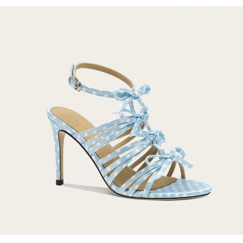 Summer New Silk Printed Fabric Bow Sandals for Banquet Dress, Large Size, Small Size, Thin Heel, High Heel Women's Shoes
