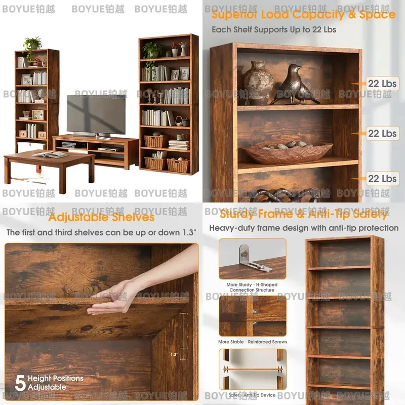 MCQ 6 Shelf Bookcase Wooden Large 63 Inch Tall Bookcase Standing Open Book Shelf Organizer Adjustable Display Storage Shelves