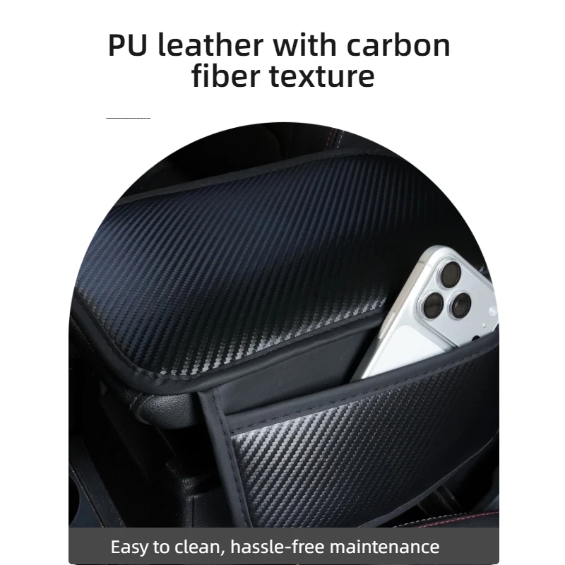 1PC Carbon Fiber Texture PU Leather Car Armrest Box Pad, Wear-Resistant and Non Slip, with Storage Bag, Car Interior Accessories image 3