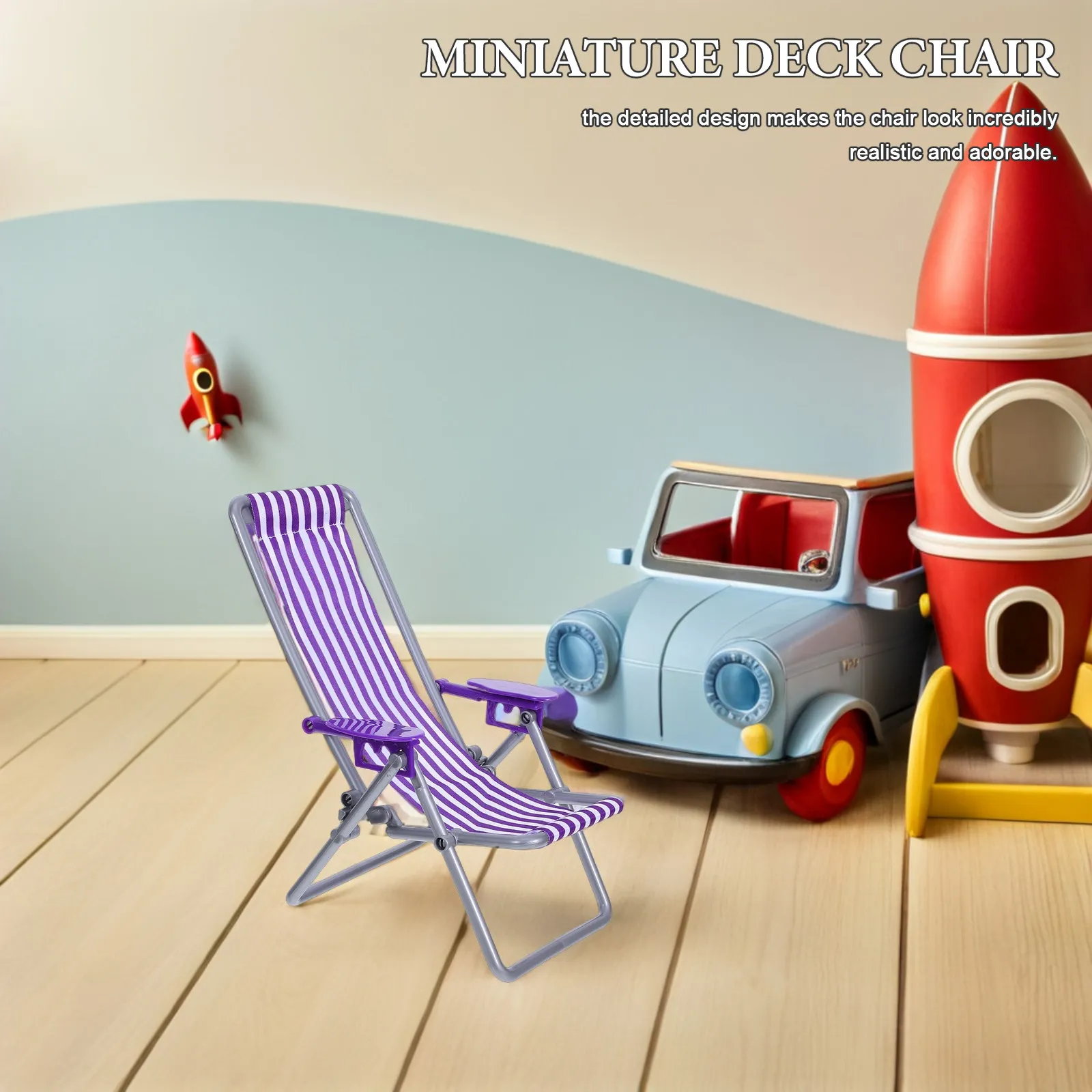 Mini Sunbath Beach Chair for Dollhouse Decor Foldable Miniature Lounge Chair Trendy Stripes Lifelike Detail for Fairy Garden