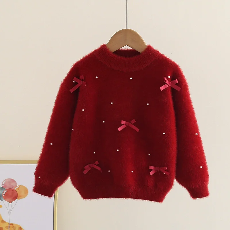 Mädchen Perlen-Schleifenpullover Neujahr Weihnachten Strickwaren Kinder Print Sweatshirt Baby Weihnachts-Strickpullover Top Kinderbekleidung 4-14 Jahre