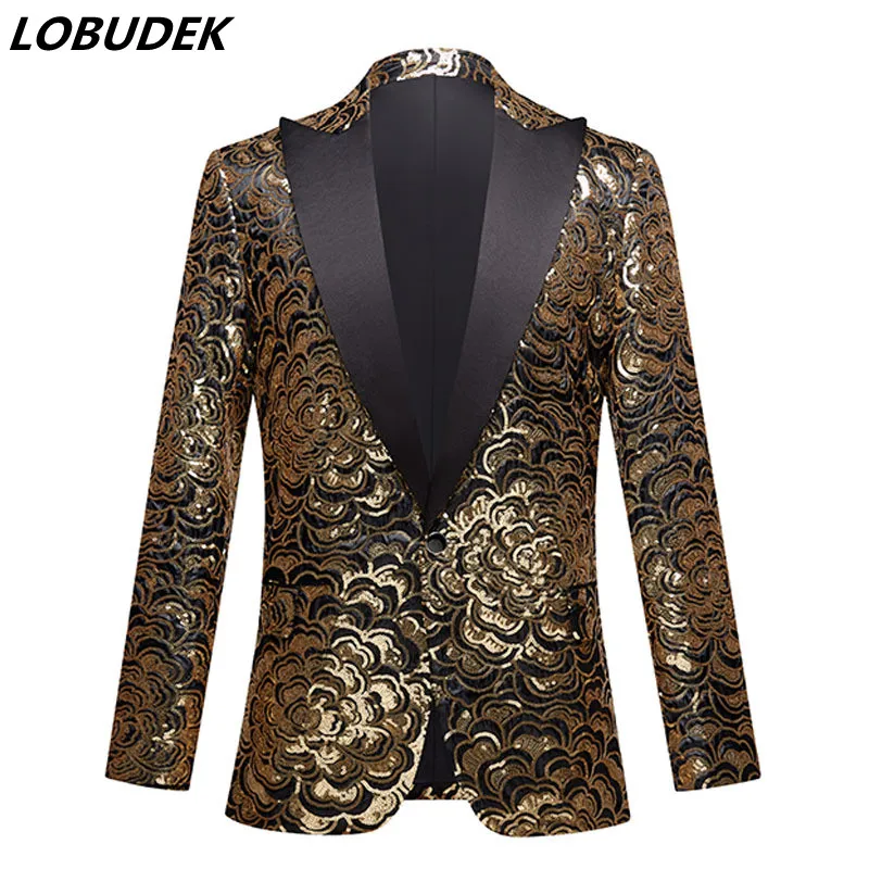 

Gold Sequins Slim Shawl Collar Flower Suit Jacket Glitter Floral Blazers Bar Nightclub Concert Show Stage Tuxedo For Singer Host