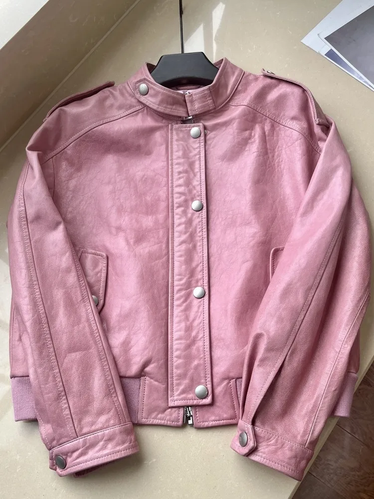 Street Style opstaande kraag echt leer ritsjack effen kleur schapenvacht losse dames lange mouwen single-breasted jassen