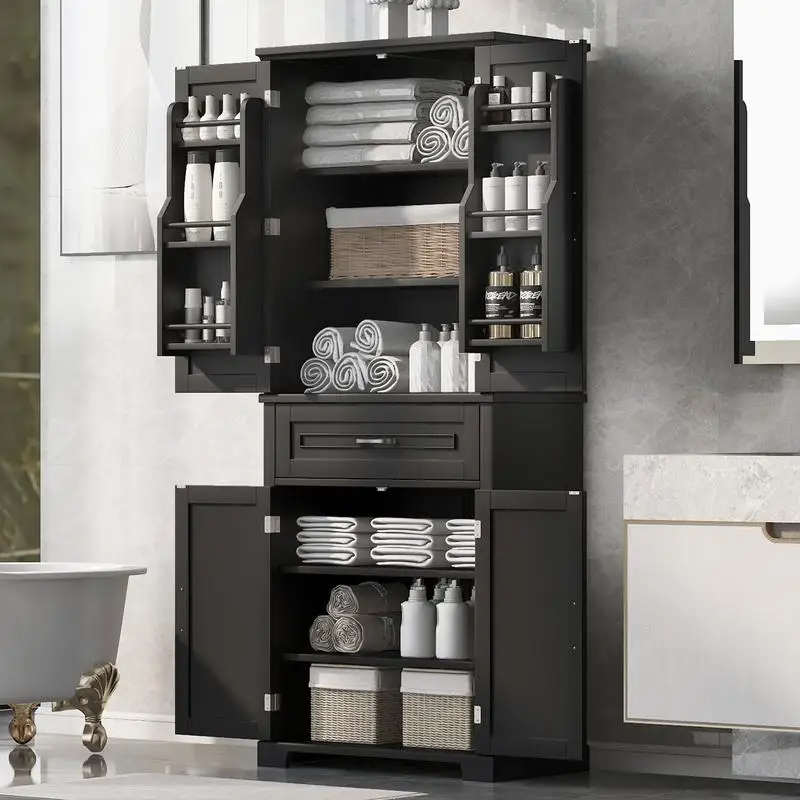 

Bathroom Storage Cabinet with Doors & Drawer, Multiple Storage Spaces, Adjustable Shelf, Black Finish, Ideal for Organizing