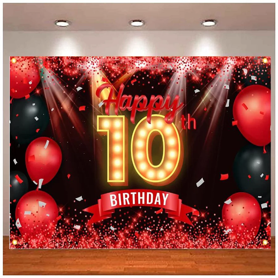 Photography Backdrop Red and Black Happy 10th Birthday Party Decoration Banner Background Girl Boy Supplies Flash Poster