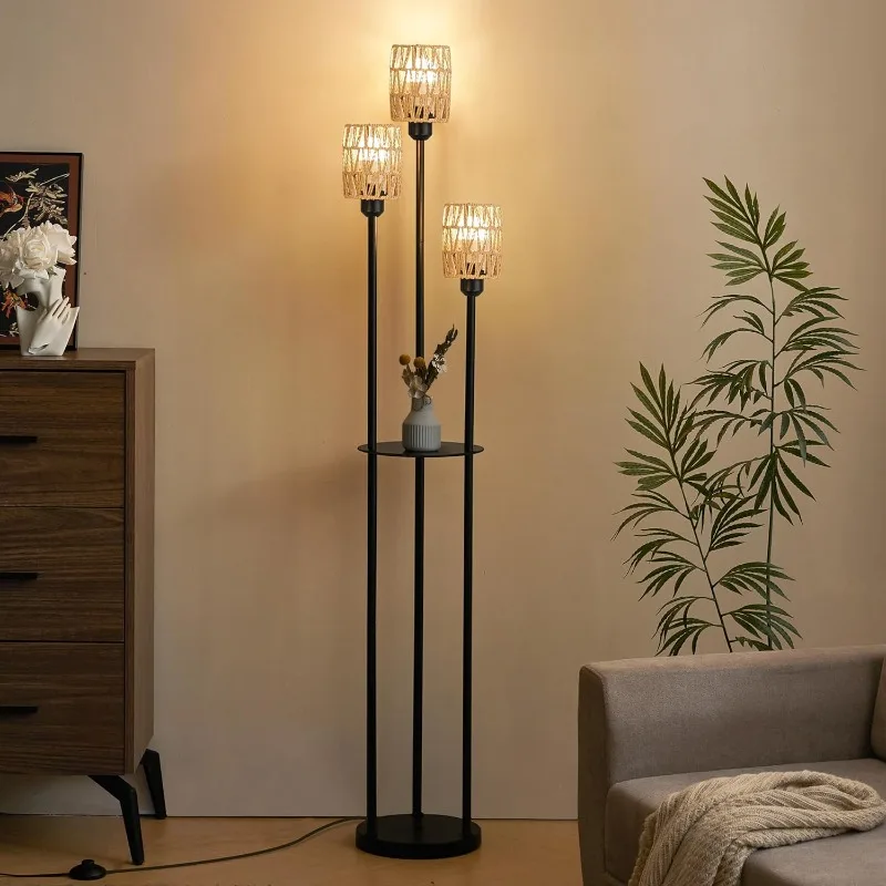 

65" Boho Floor Lamp for Living Room Rattan Floor Lamp with Shelves, 3 LED Bulbs Included Standing Lamp, Floor Lamp