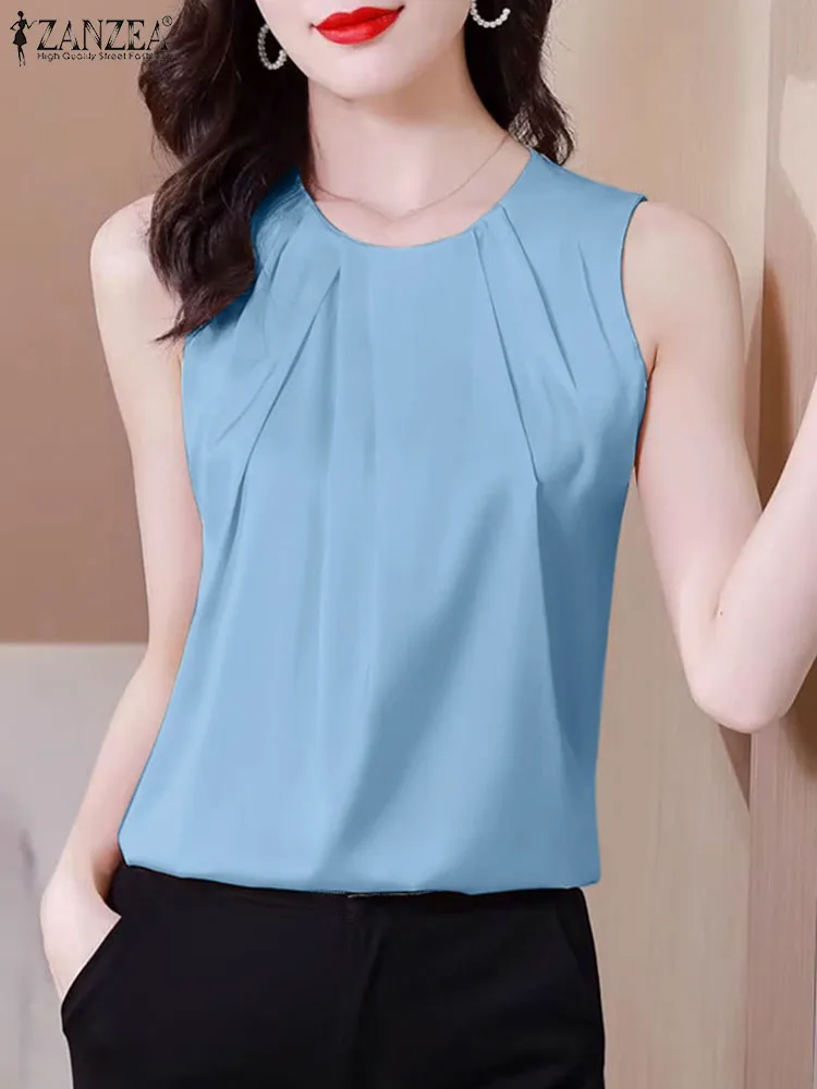 ZANZEA-Blusa informal sin mangas para mujer, camisa de satén de color liso, elegante, para oficina y trabajo, para verano