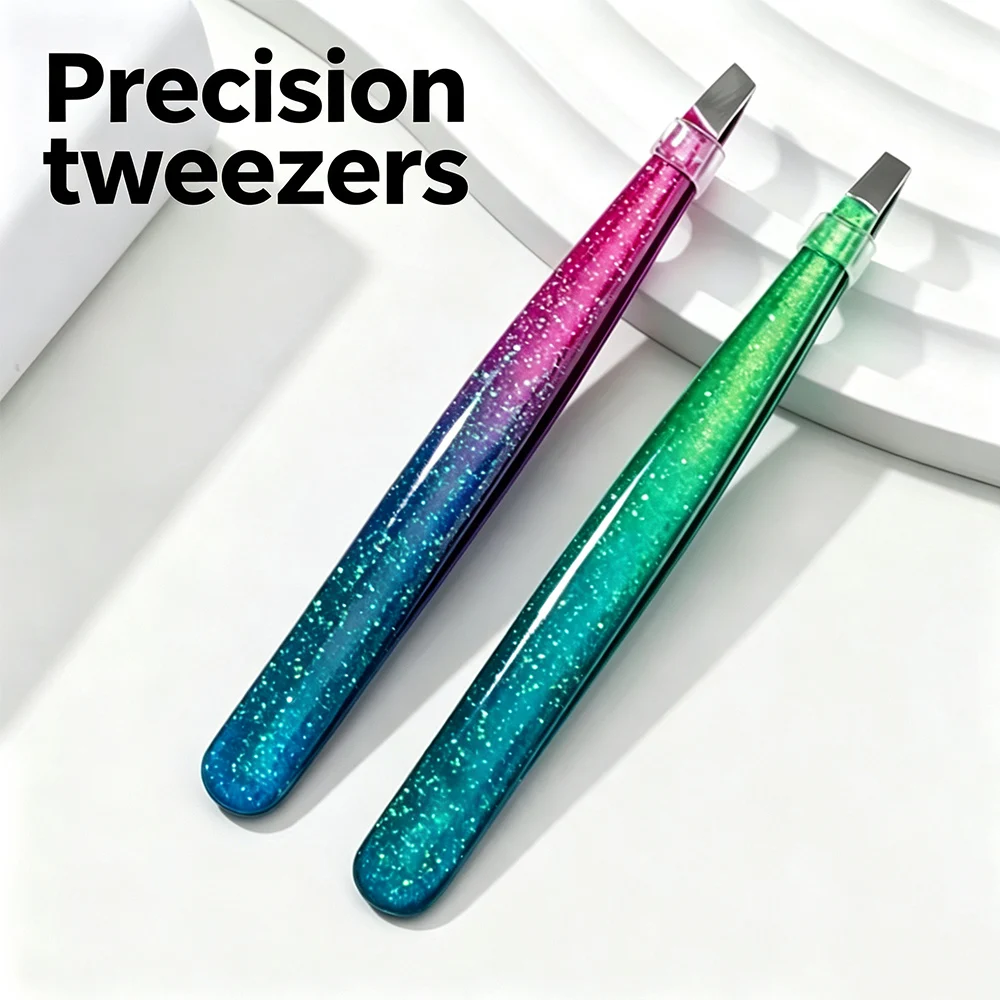 Premium Steel Eyebrow Tweezers, Slanted & Flat Tip Professional Tweezers for Hair Trimming