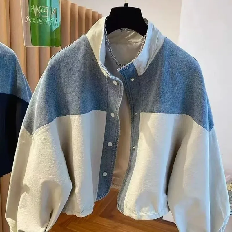 

Women's Denim Patchwork Cropped Jacket Loose Fit Stand Collar Button Down Casual Coat