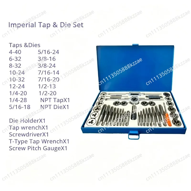 40Pc Tap and Die Set SAE Inch Size #4 To 1/2” Hand Threading Wrench Tools for Internal and External Threading