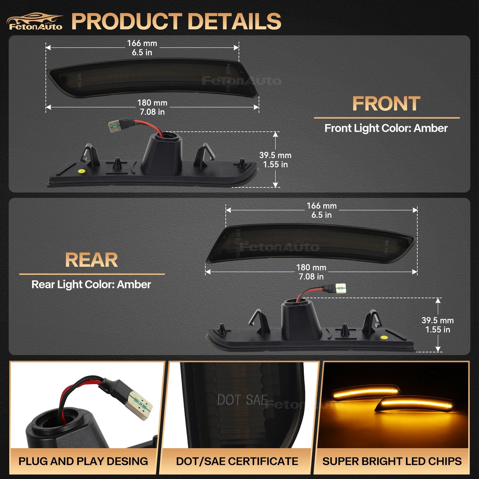 For Chevy Camaro 2016-2023 Smoked Lens Front Amber Rear Red Full LED Car Side Marker Light Kit Wheel Arch Lights 12V