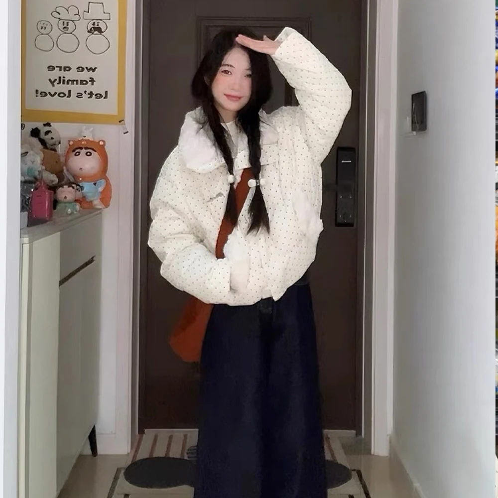 Korean Sweet Women Cotton Clothes Polka Dot Parka Sweet Lapel Cotton Jacket Thicken Tops Sweet Girl Winter Cotton Jacket Coat - view 5