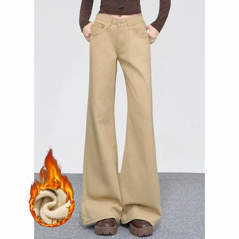 Calças térmicas inverno feminino jeans de pelúcia neve quente senhora clássico cintura alta denim calças femininas sólida fina lã